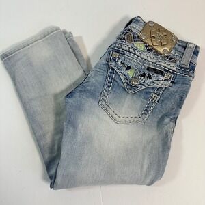 Miss Me Cuffed Capri Jeans Size 28 Light Wash Embellished Flap Pockets Y2K Bling
